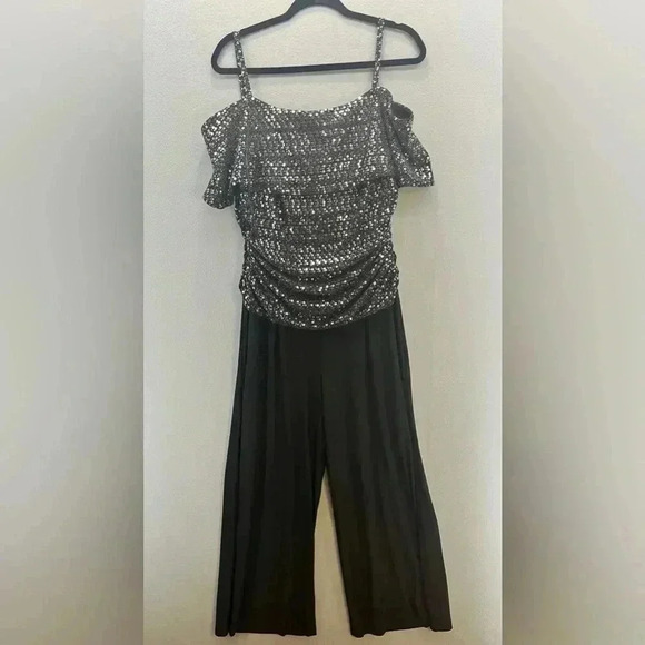 R&M Richards 1Pc Cold Shoulder Ruched Bodice sequined Jumpsuit occasion outfit - Picture 3 of 10
